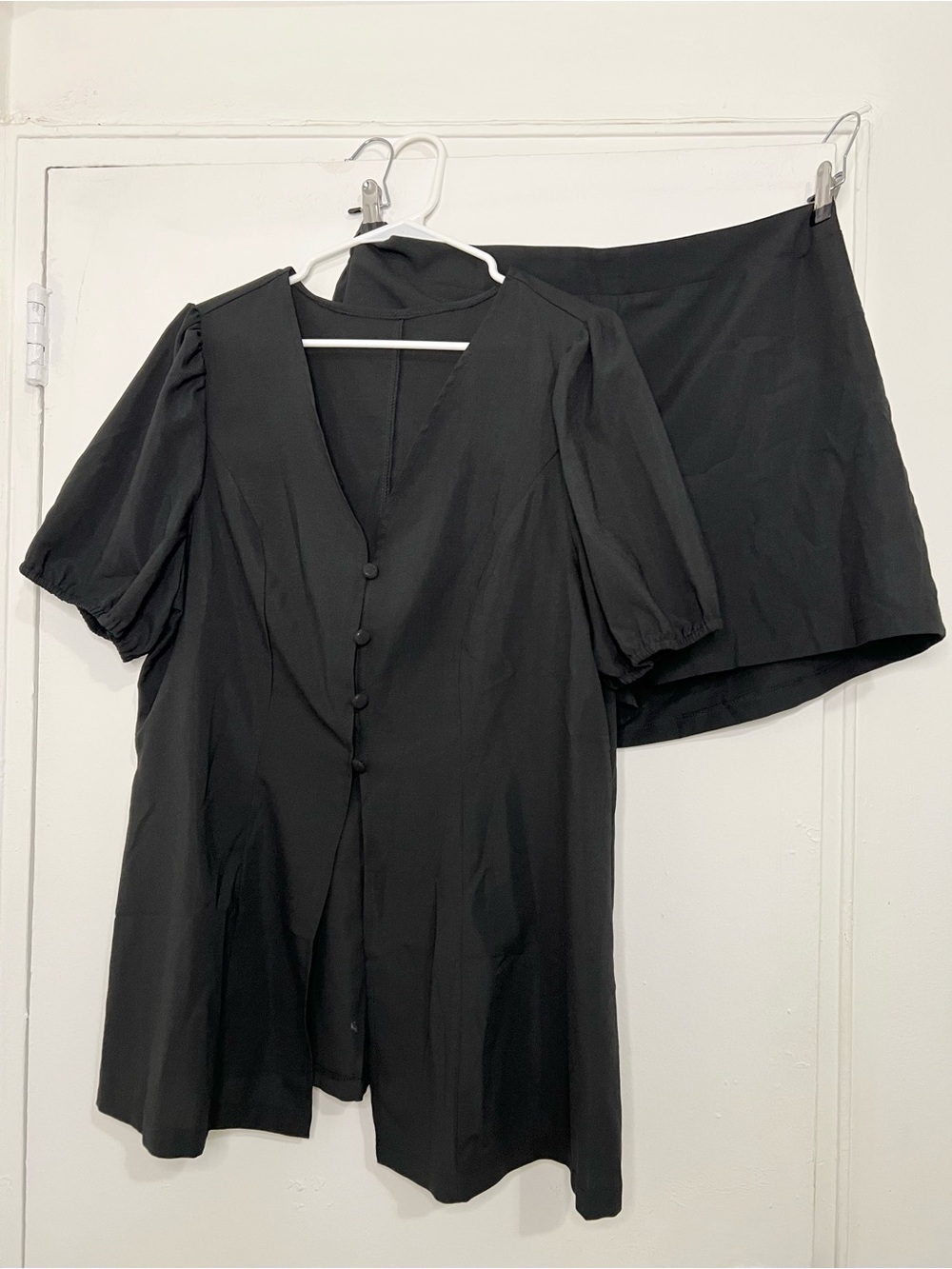 Black Puff Sleeve Button Front Top and Short Set Two Piece Matching Outfit